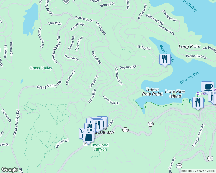 map of restaurants, bars, coffee shops, grocery stores, and more near 27318 Pinewood Drive in Lake Arrowhead