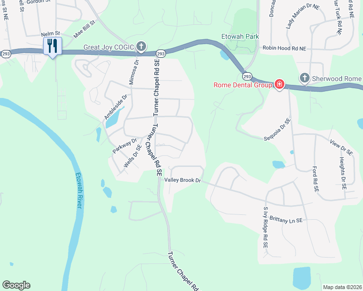map of restaurants, bars, coffee shops, grocery stores, and more near 16 Mitchell Circle Southeast in Rome