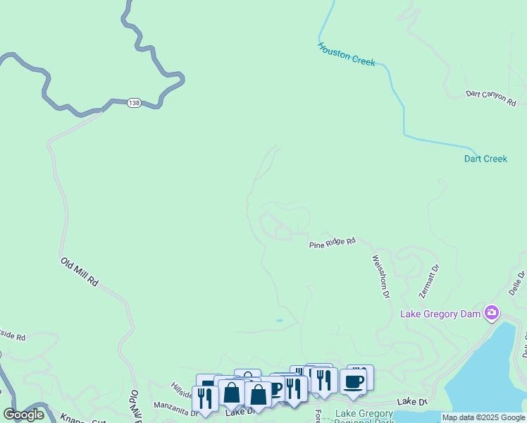 map of restaurants, bars, coffee shops, grocery stores, and more near 198 Pine Ridge Road in Crestline