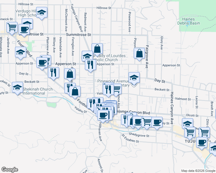 map of restaurants, bars, coffee shops, grocery stores, and more near 10129 Commerce Avenue in Los Angeles