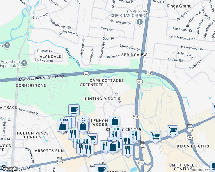 map of restaurants, bars, coffee shops, grocery stores, and more near 709 Summertime Lane in Wilmington