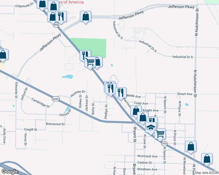 map of restaurants, bars, coffee shops, grocery stores, and more near 6303 Dollarway Road in Pine Bluff