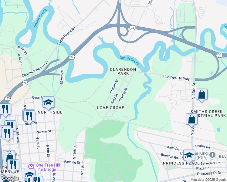 map of restaurants, bars, coffee shops, grocery stores, and more near 1412 Corbett Street in Wilmington
