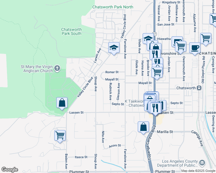 map of restaurants, bars, coffee shops, grocery stores, and more near 10020 Rudnick Avenue in Los Angeles