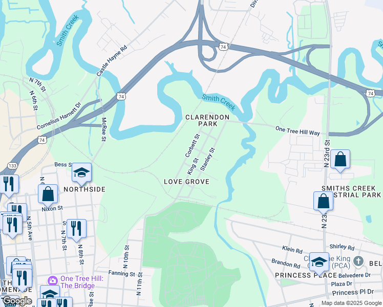 map of restaurants, bars, coffee shops, grocery stores, and more near 1412 Corbett Street in Wilmington