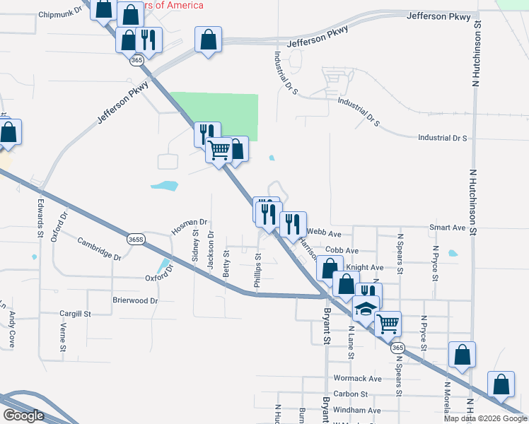 map of restaurants, bars, coffee shops, grocery stores, and more near 6303 Dollarway Road in Pine Bluff