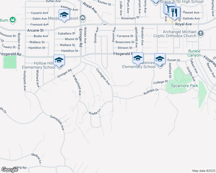 map of restaurants, bars, coffee shops, grocery stores, and more near 2098 Covington Avenue in Simi Valley