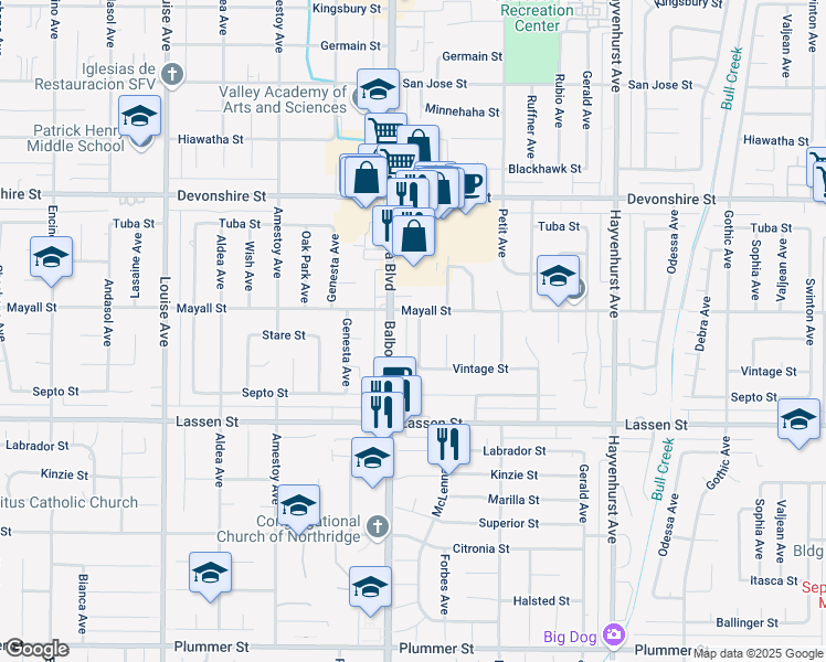 map of restaurants, bars, coffee shops, grocery stores, and more near 10017 McLennan Avenue in Los Angeles