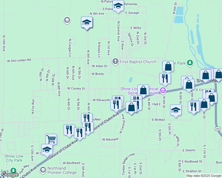 map of restaurants, bars, coffee shops, grocery stores, and more near 301 North 1st Drive in Show Low