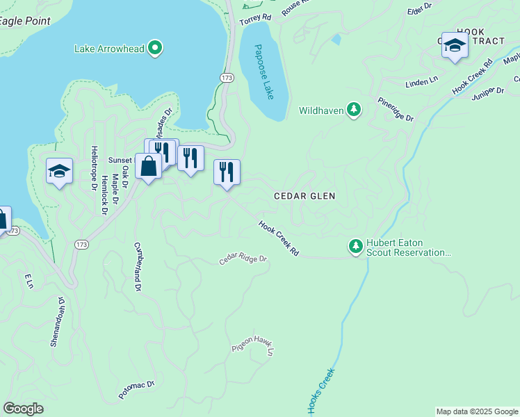 map of restaurants, bars, coffee shops, grocery stores, and more near 117 Rose Lane in Lake Arrowhead
