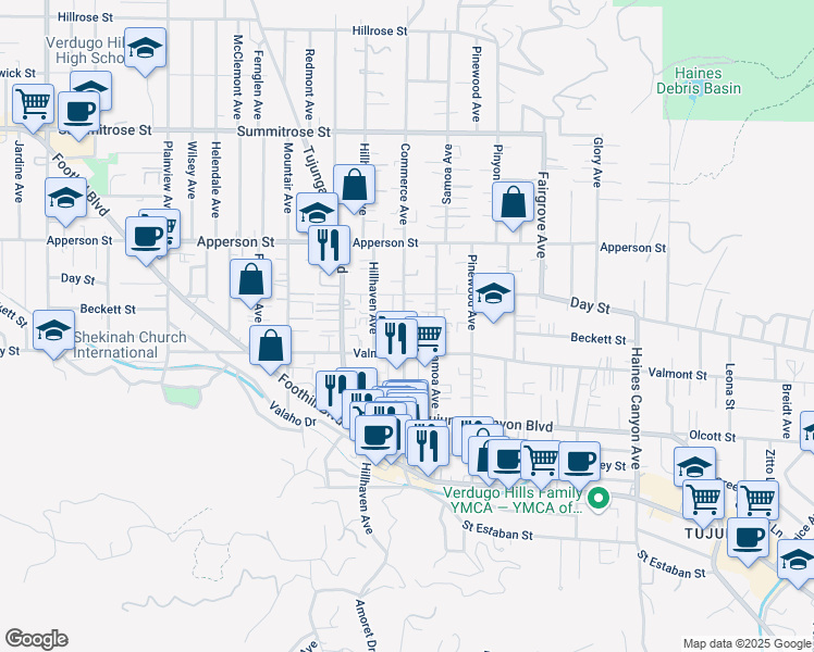 map of restaurants, bars, coffee shops, grocery stores, and more near 10059 Commerce Avenue in Los Angeles
