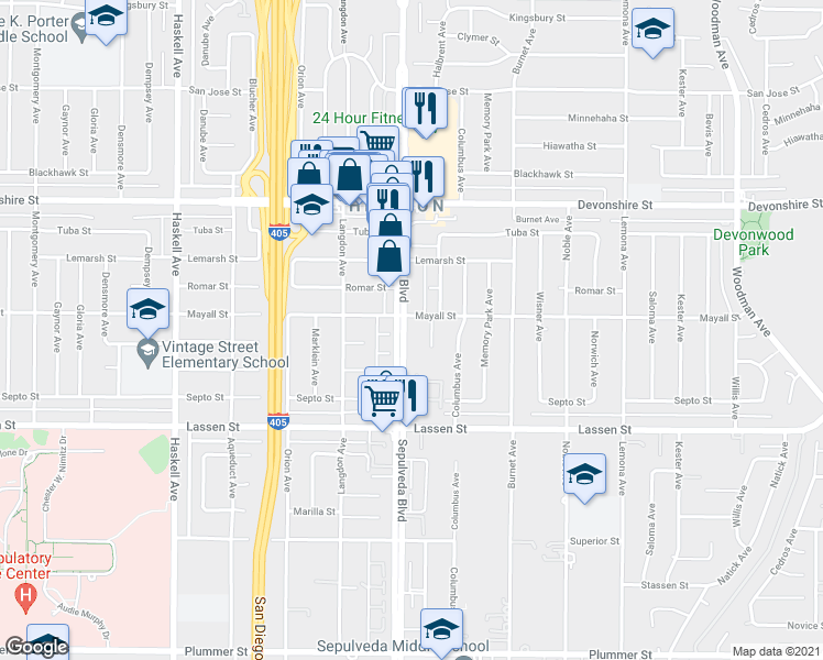 map of restaurants, bars, coffee shops, grocery stores, and more near 10020 Sepulveda Boulevard in Los Angeles