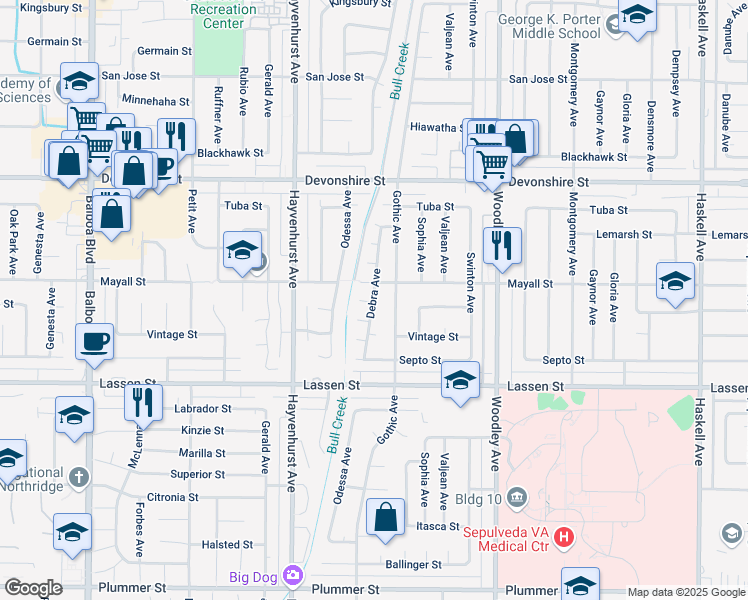 map of restaurants, bars, coffee shops, grocery stores, and more near 10019 Gothic Avenue in Los Angeles
