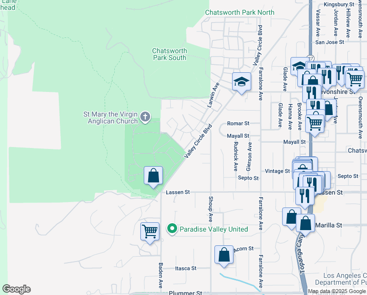 map of restaurants, bars, coffee shops, grocery stores, and more near 10022 Valley Circle Boulevard in Los Angeles