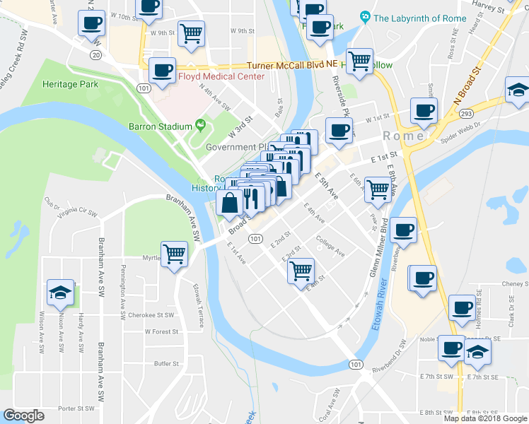 map of restaurants, bars, coffee shops, grocery stores, and more near 219 East 1st Street in Rome