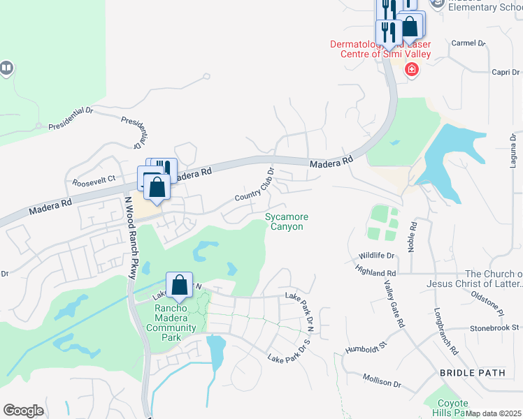 map of restaurants, bars, coffee shops, grocery stores, and more near 240 Country Club Drive in Simi Valley