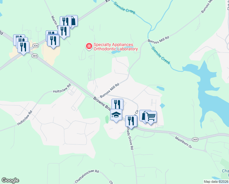 map of restaurants, bars, coffee shops, grocery stores, and more near 4930 Elrod Circle in Cumming