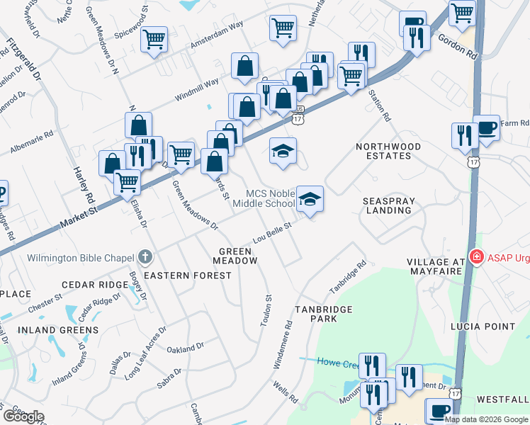 map of restaurants, bars, coffee shops, grocery stores, and more near 214 Spartan Road in Wilmington