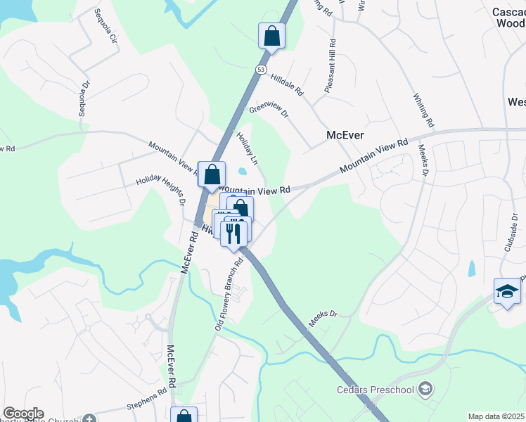 map of restaurants, bars, coffee shops, grocery stores, and more near 3737 Old Flowery Branch Road in Oakwood