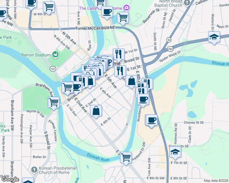 map of restaurants, bars, coffee shops, grocery stores, and more near 305 East 4th Avenue in Rome