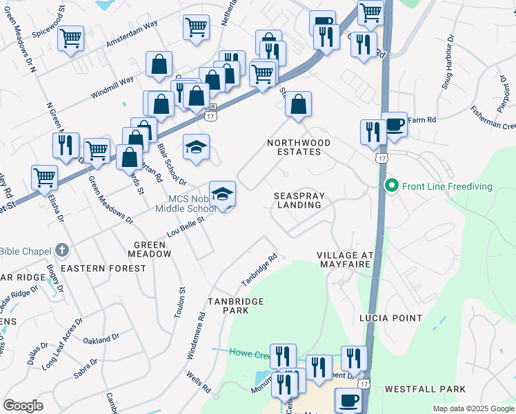 map of restaurants, bars, coffee shops, grocery stores, and more near 6600 Butter Clam Court in Wilmington