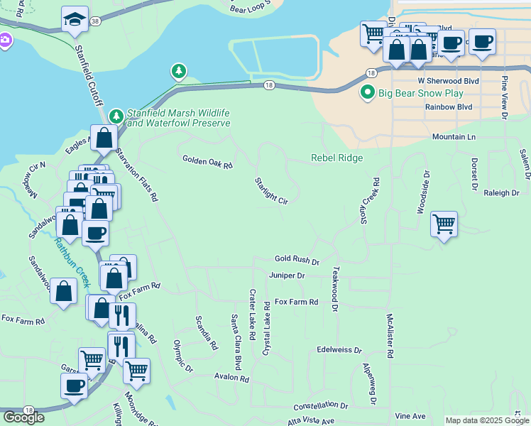 map of restaurants, bars, coffee shops, grocery stores, and more near 42535 Pegasus Way in Big Bear Lake