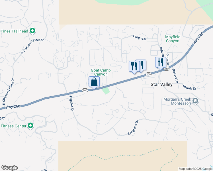 map of restaurants, bars, coffee shops, grocery stores, and more near 3655 Arizona 260 in Star Valley