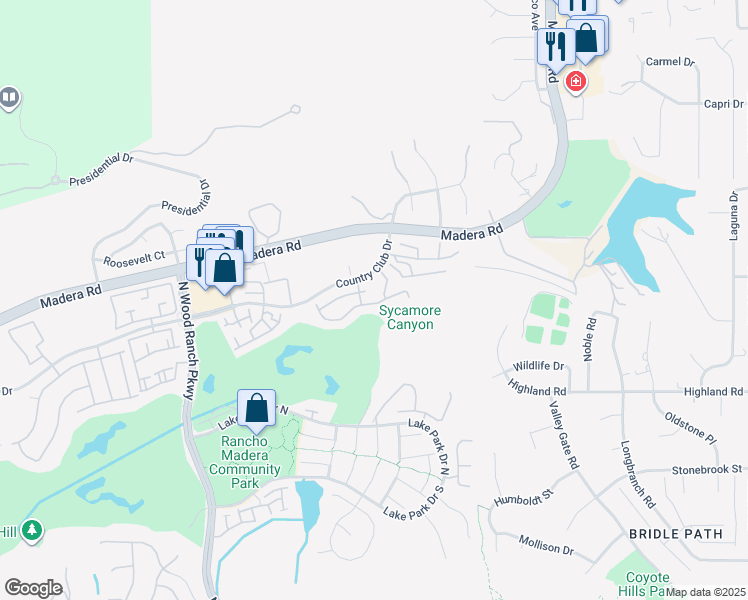 map of restaurants, bars, coffee shops, grocery stores, and more near 240 Country Club Drive in Simi Valley