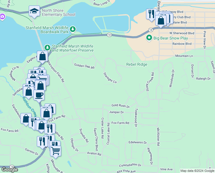 map of restaurants, bars, coffee shops, grocery stores, and more near 42535 Pegasus Way in Big Bear Lake