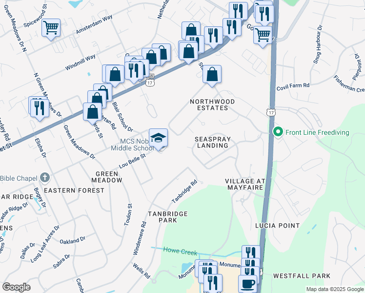 map of restaurants, bars, coffee shops, grocery stores, and more near 6600 Butter Clam Court in Wilmington