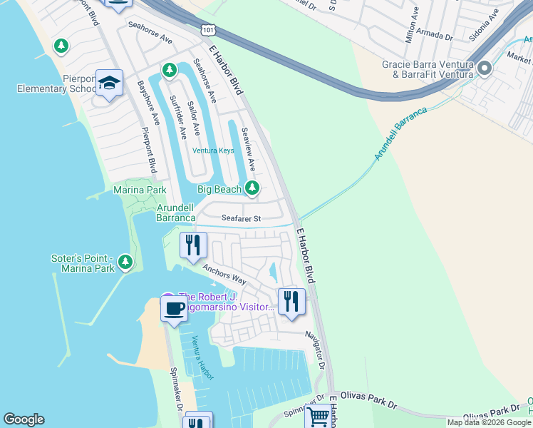 map of restaurants, bars, coffee shops, grocery stores, and more near 1239 Seafarer Street in Ventura