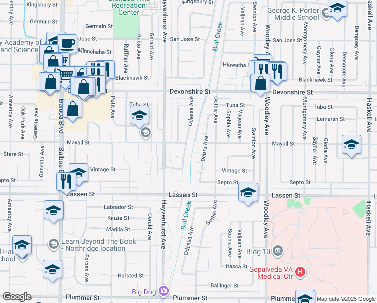 map of restaurants, bars, coffee shops, grocery stores, and more near 10048 Odessa Avenue in Los Angeles