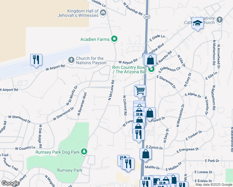 map of restaurants, bars, coffee shops, grocery stores, and more near 400 West Sherwood Drive in Payson
