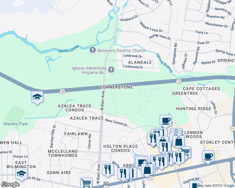 map of restaurants, bars, coffee shops, grocery stores, and more near 4527 Sagedale Drive in Wilmington