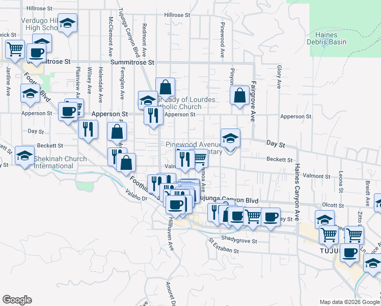 map of restaurants, bars, coffee shops, grocery stores, and more near 10132 Commerce Avenue in Los Angeles