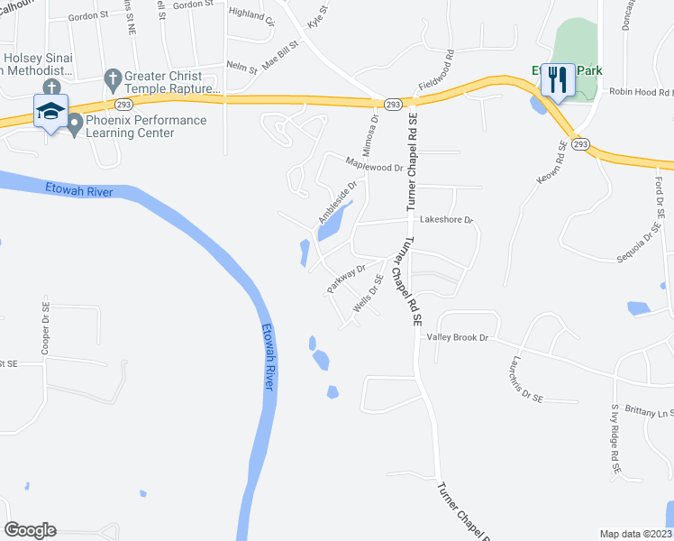 map of restaurants, bars, coffee shops, grocery stores, and more near 10 Hood Drive Southeast in Rome