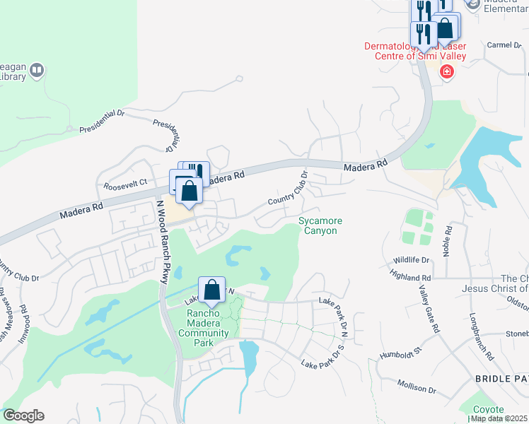 map of restaurants, bars, coffee shops, grocery stores, and more near 388 Country Club Drive in Simi Valley