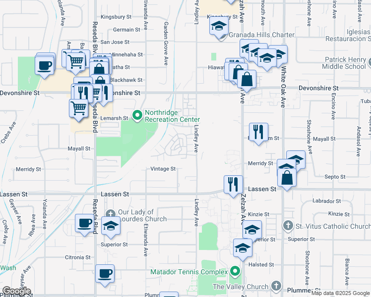 map of restaurants, bars, coffee shops, grocery stores, and more near 18130 Andrea Circle North in Los Angeles