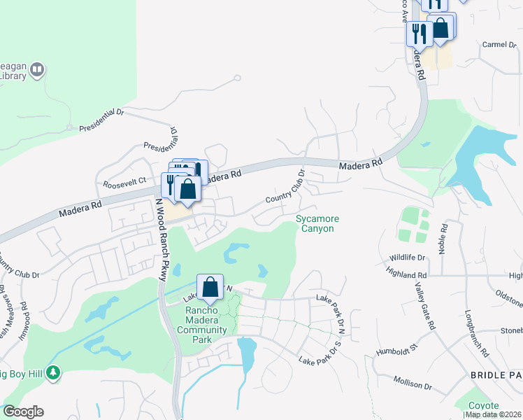 map of restaurants, bars, coffee shops, grocery stores, and more near 388 Country Club Drive in Simi Valley
