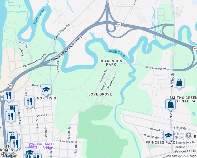 map of restaurants, bars, coffee shops, grocery stores, and more near 1415 Corbett Street in Wilmington
