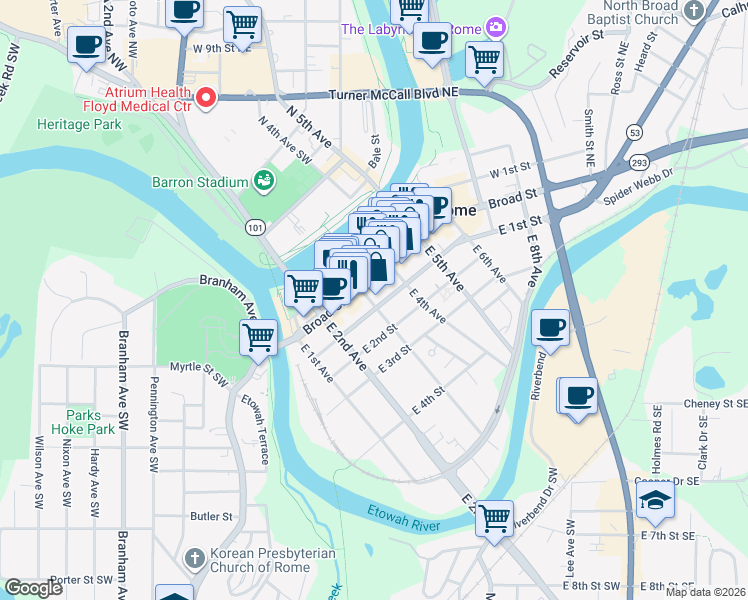 map of restaurants, bars, coffee shops, grocery stores, and more near 1 East 3rd Avenue in Rome