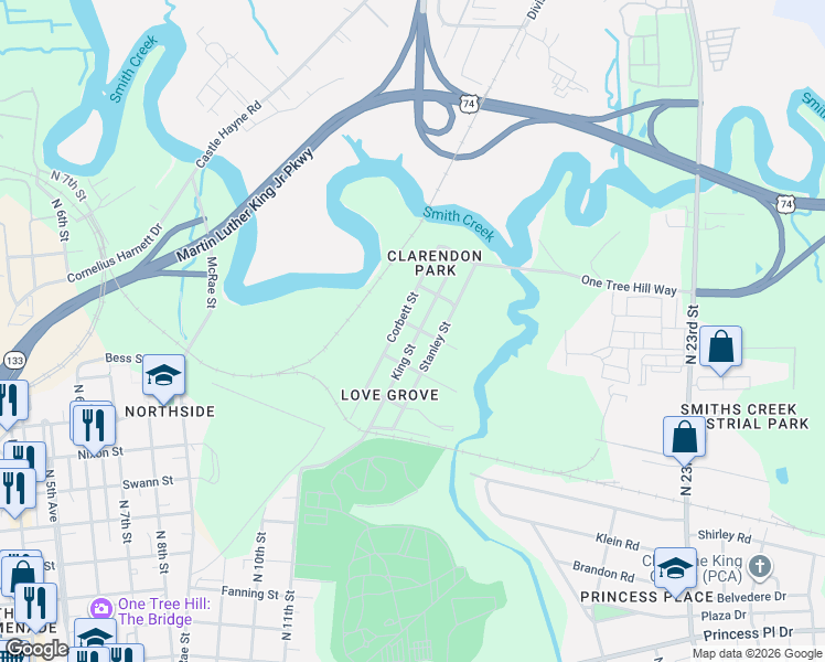 map of restaurants, bars, coffee shops, grocery stores, and more near 1516 Corbett Street in Wilmington