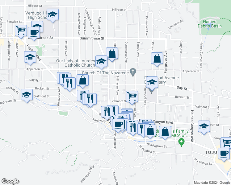 map of restaurants, bars, coffee shops, grocery stores, and more near 10161 Hillhaven Avenue in Los Angeles
