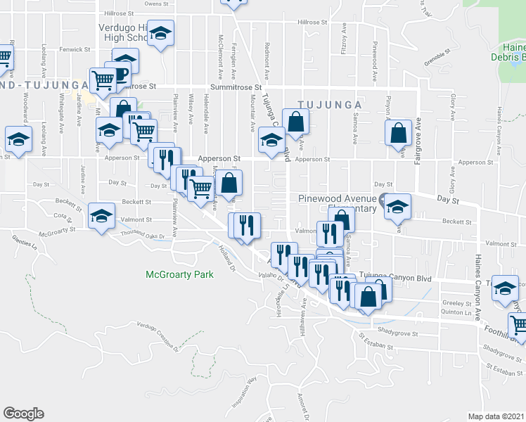 map of restaurants, bars, coffee shops, grocery stores, and more near 10154 Mountair Avenue in Los Angeles