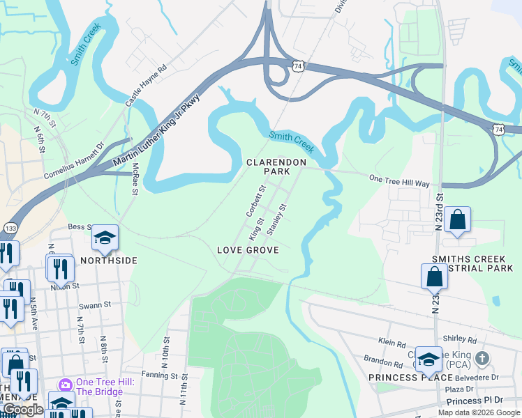 map of restaurants, bars, coffee shops, grocery stores, and more near 1516 Corbett Street in Wilmington