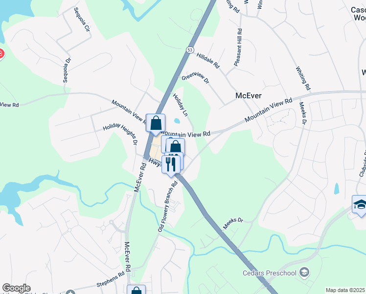 map of restaurants, bars, coffee shops, grocery stores, and more near 3730 Old Flowery Branch Road in Oakwood