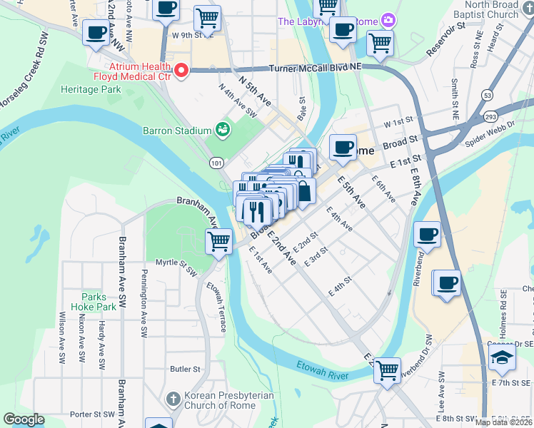 map of restaurants, bars, coffee shops, grocery stores, and more near 215 Broad Street in Rome