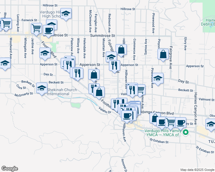 map of restaurants, bars, coffee shops, grocery stores, and more near 10154 Mountair Avenue in Los Angeles