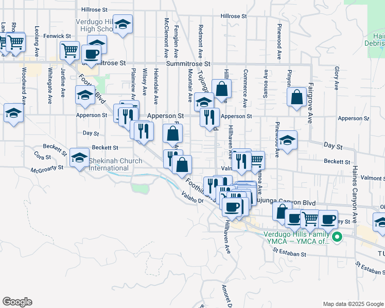 map of restaurants, bars, coffee shops, grocery stores, and more near 10154 Mountair Avenue in Los Angeles