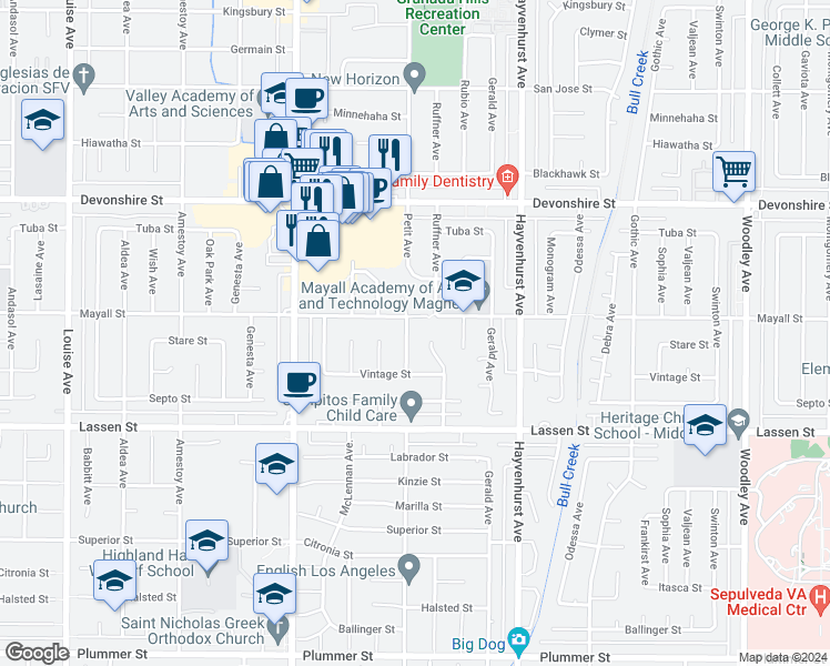 map of restaurants, bars, coffee shops, grocery stores, and more near 10044 Petit Avenue in Los Angeles